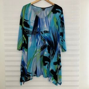 Valentina Women Blue Abstract Rhinestone Sharkbite Hem 3/4 Sleeve Tunic Top 1X